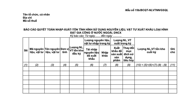 Hướng dẫn làm báo cáo quyết toán hải quan theo thông tư 39 kèm mẫu 13 Mẫu số 15b/BCQT-NLVTNN/GSQL