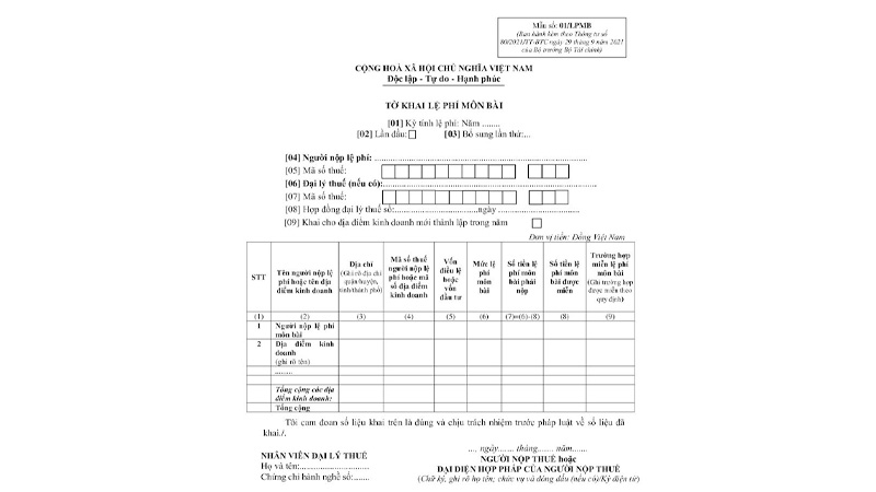 Mức lệ phí nộp thuế môn bài cho chi nhánh cùng tỉnh và khác tỉnh 9 Tờ khai lệ phí môn bài