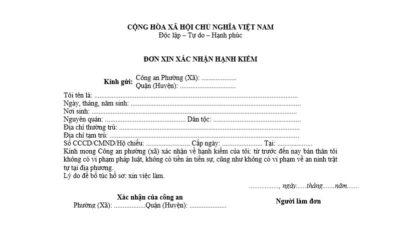 Xin xác nhận hạnh kiểm ở nơi tạm trú được không? 7 Đơn xin xác nhận hạnh kiểm