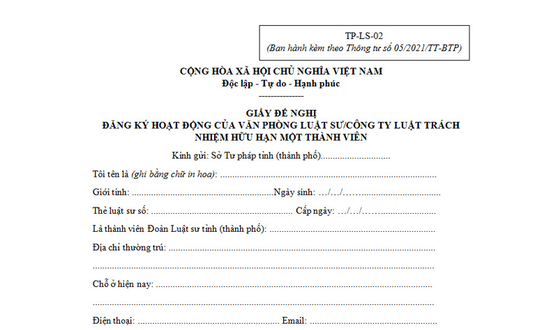 Kinh nghiệm, thủ tục hồ sơ và điều kiện mở văn phòng luật sư 11 Mẫu TP-LS-02